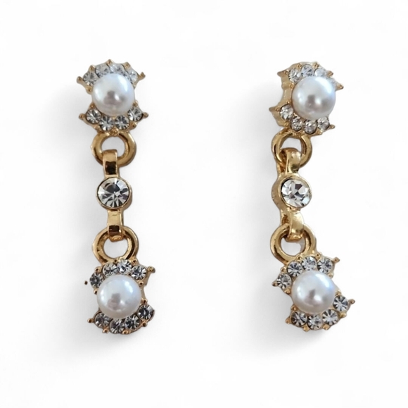 Gold Plated Faux Pearl & Crystal Drop Earrings 1.25" Elegant Dangle - Picture 1 of 3